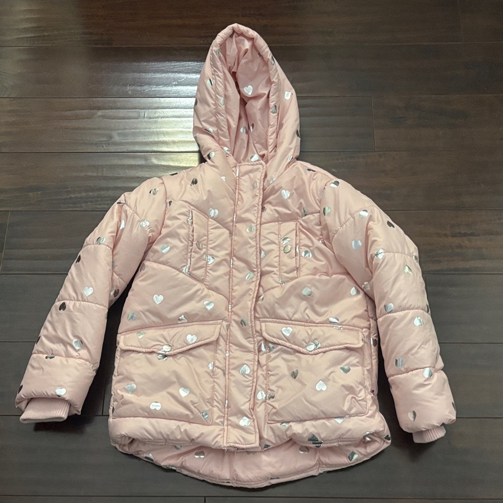 Pink Heart Patterned Puffer Jacket